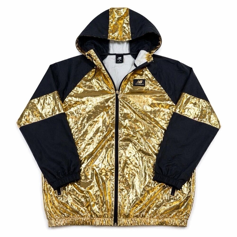 Gold Metallic Foil Windbreaker Jacket Hooded Full Zip Mens S Y2K Streetwear